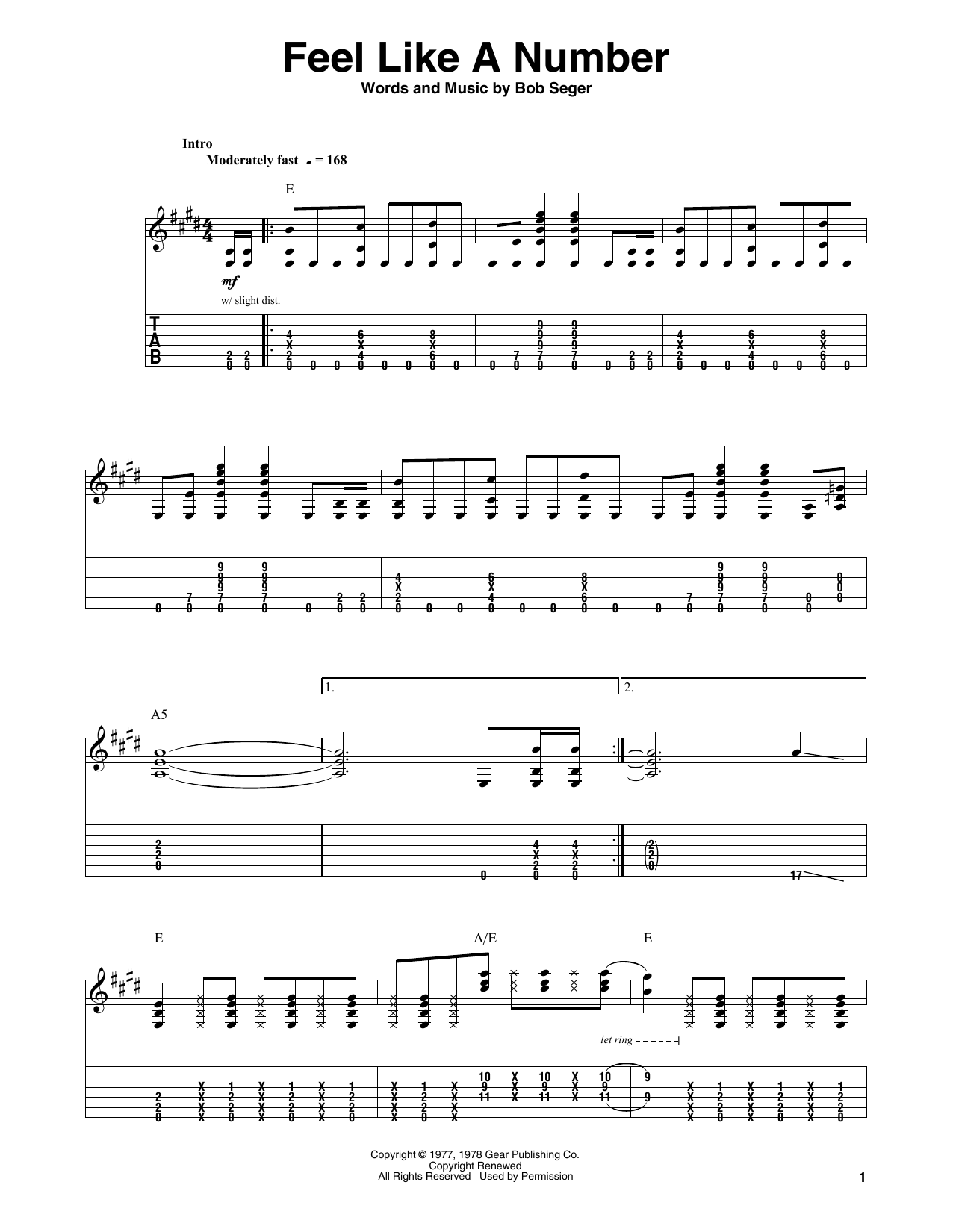 Bob Seger Feel Like A Number sheet music notes and chords. Download Printable PDF.