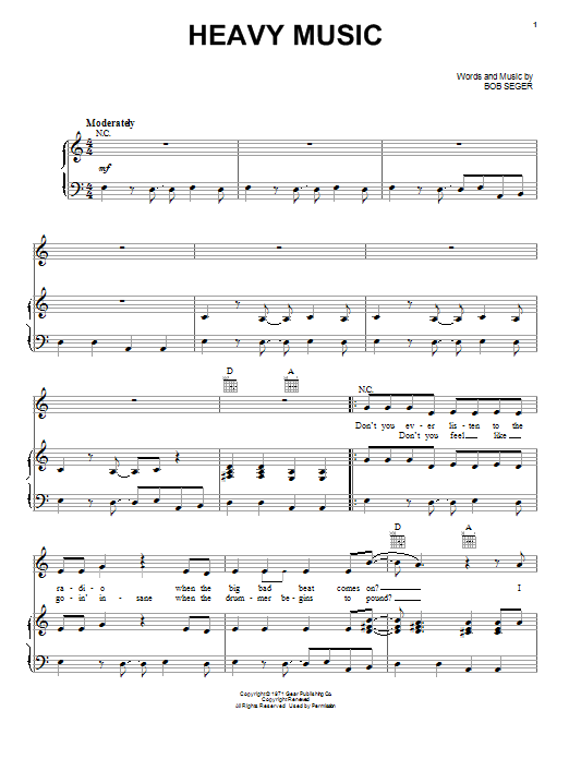 Bob Seger Heavy Music sheet music notes and chords arranged for Piano, Vocal & Guitar Chords (Right-Hand Melody)