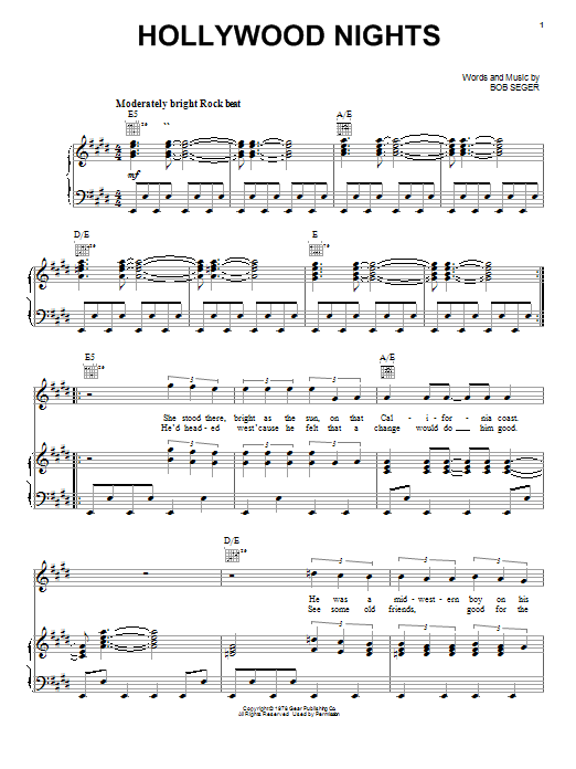 Bob Seger Hollywood Nights sheet music notes and chords. Download Printable PDF.