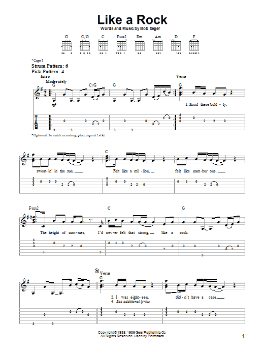 Bob Seger Like A Rock sheet music notes and chords. Download Printable PDF.