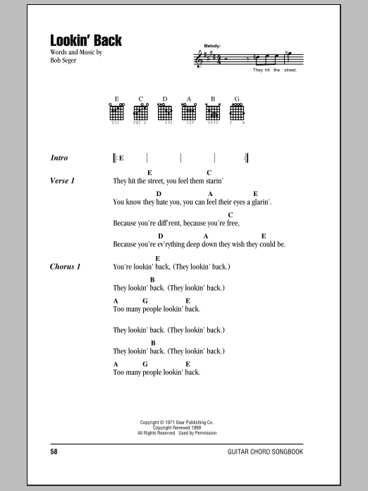 Learn to play Bob Seger Lookin' Back sheet music for Piano, Vocal & Guitar Chords (Right-Hand Melody) in minutes. Price: 7.8900$ Bob Seger Lookin' Back sheet music notes and chords arranged for Piano, Vocal & Guitar Chords (Right-Hand Melody)
