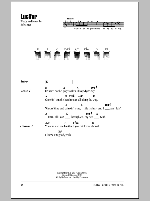 Bob Seger Lucifer sheet music notes and chords. Download Printable PDF.