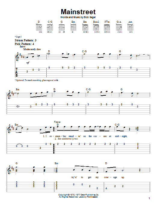 Bob Seger Mainstreet sheet music notes and chords. Download Printable PDF.