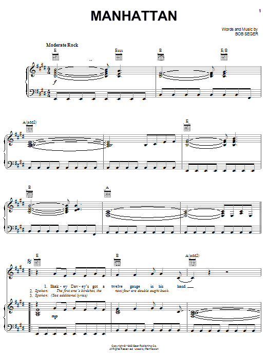Learn to play Bob Seger Manhattan sheet music for Piano, Vocal & Guitar Chords (Right-Hand Melody) in minutes. Price: 7.8900$ Bob Seger Manhattan sheet music notes and chords arranged for Piano, Vocal & Guitar Chords (Right-Hand Melody)