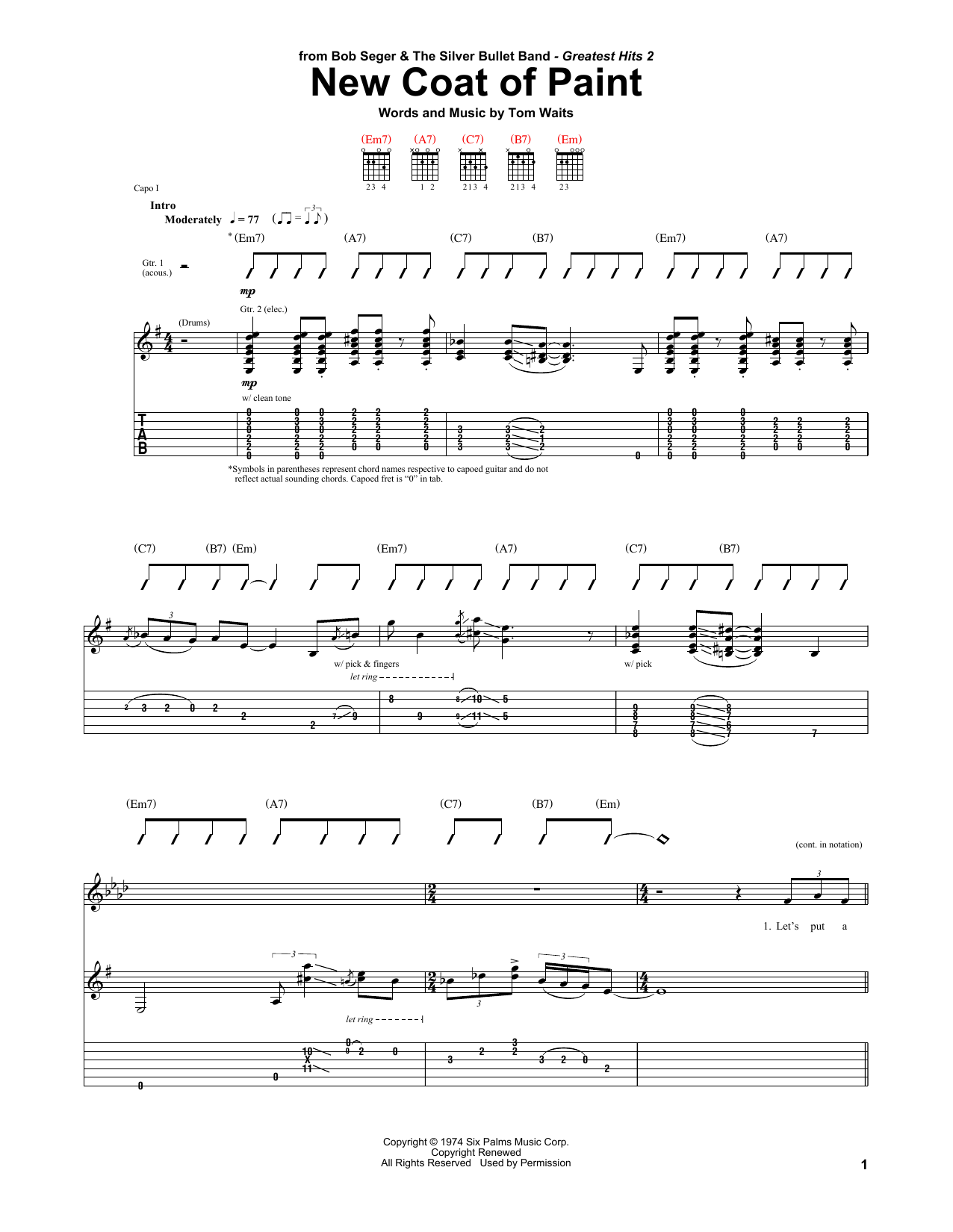 Bob Seger New Coat Of Paint sheet music notes and chords. Download Printable PDF.