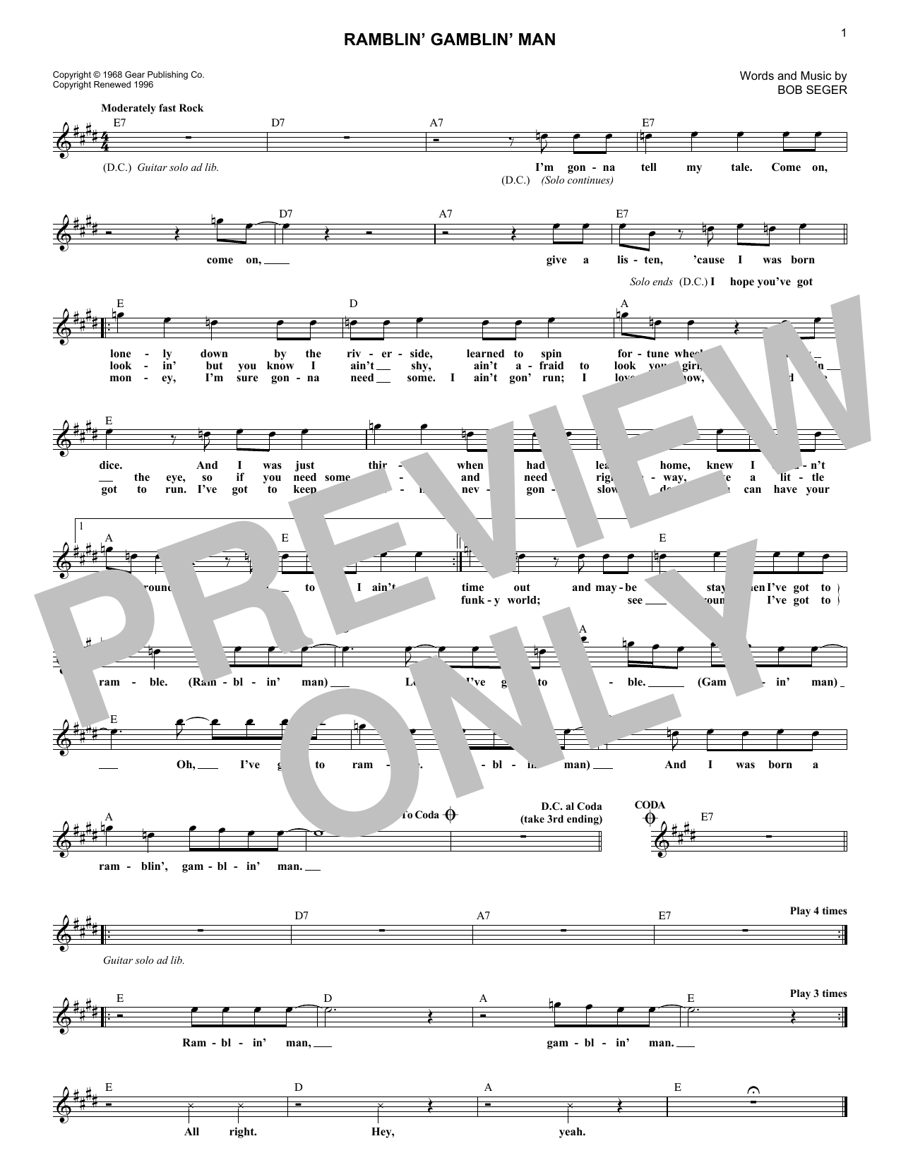 Bob Seger Ramblin' Gamblin' Man sheet music notes and chords. Download Printable PDF.