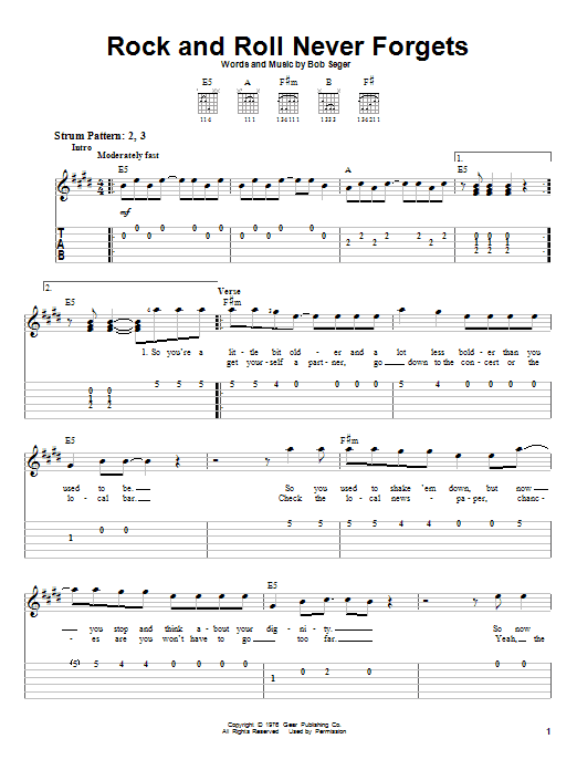 Bob Seger Rock And Roll Never Forgets sheet music notes and chords. Download Printable PDF.