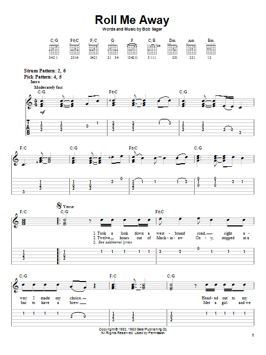 Bob Seger Roll Me Away sheet music notes and chords. Download Printable PDF.