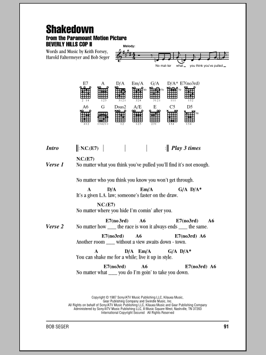 Bob Seger Shakedown sheet music notes and chords. Download Printable PDF.