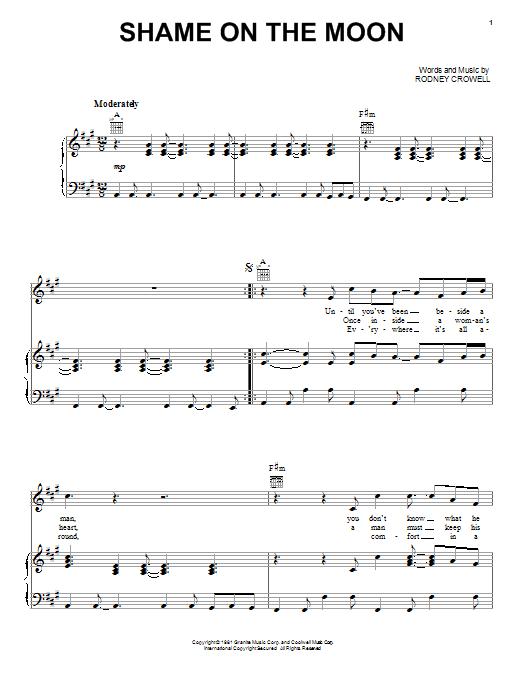 Bob Seger Shame On The Moon sheet music notes and chords. Download Printable PDF.