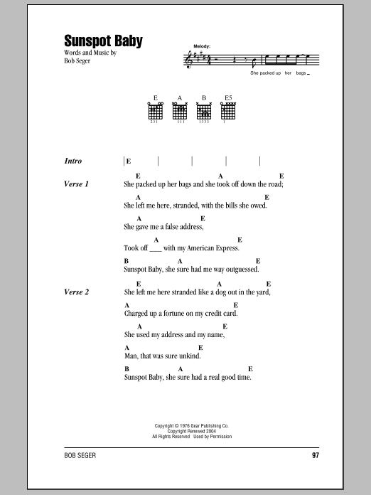 Bob Seger Sunspot Baby sheet music notes and chords. Download Printable PDF.