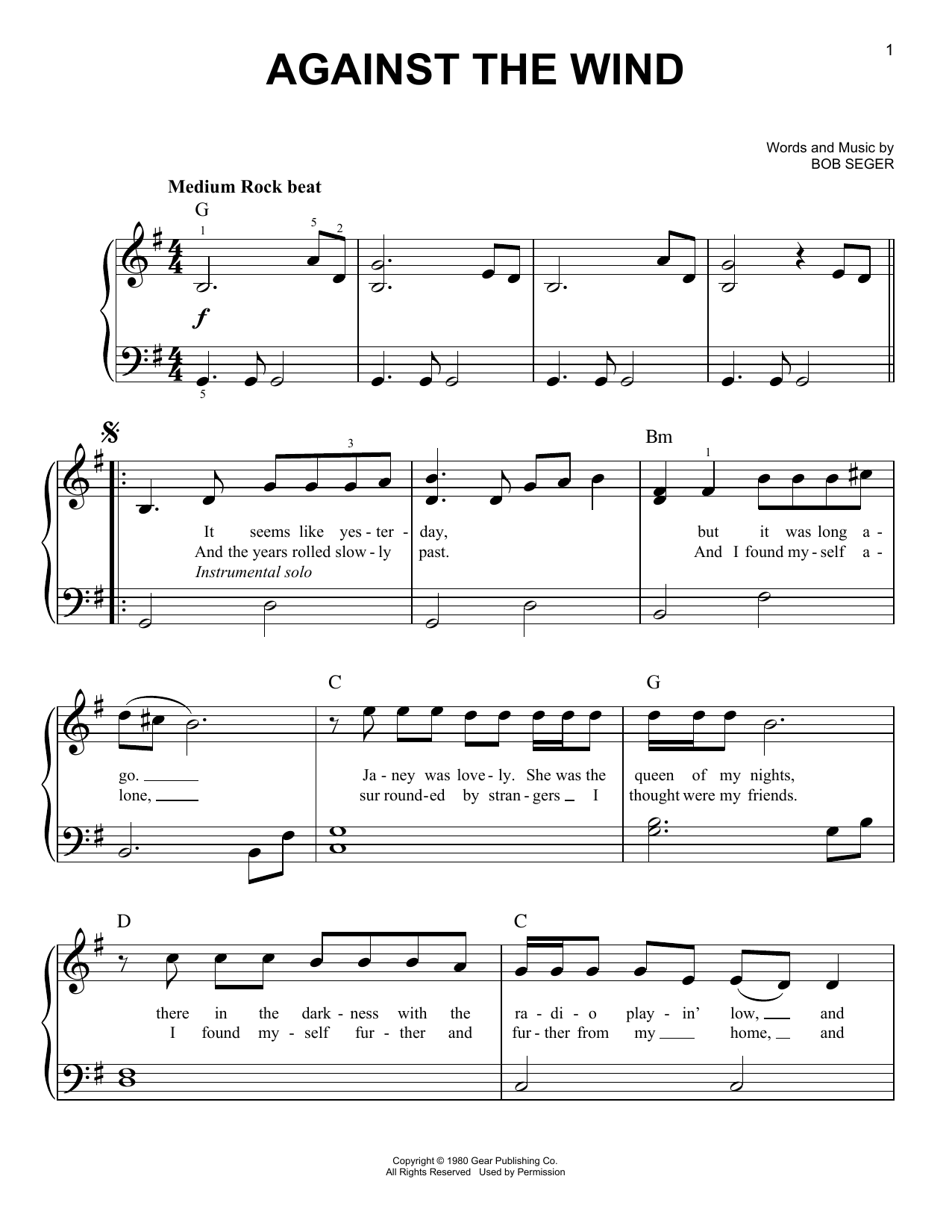 Bob Seger & The Silver Bullet Band Against The Wind sheet music notes and chords. Download Printable PDF.