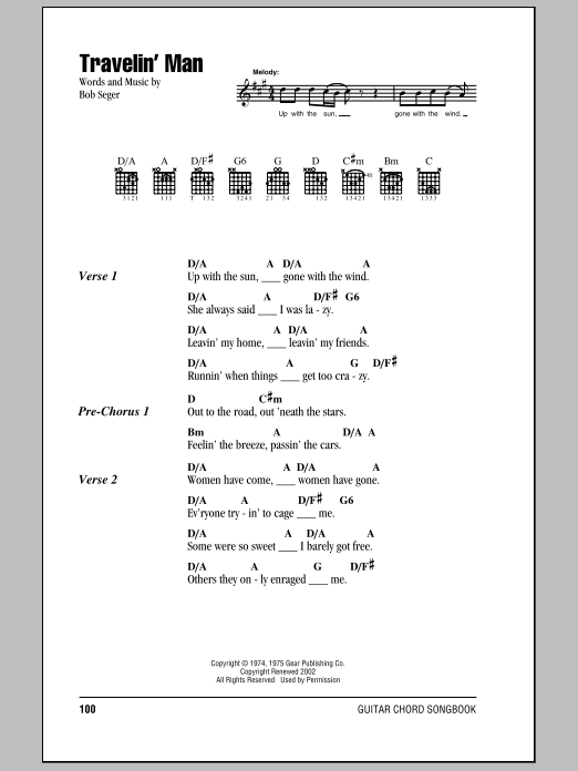 Bob Seger Travelin' Man sheet music notes and chords arranged for Guitar Chords/Lyrics