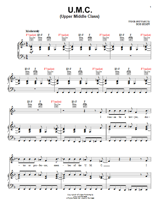 Learn to play Bob Seger U.M.C. (Upper Middle Class) sheet music for Piano, Vocal & Guitar Chords (Right-Hand Melody) in minutes. Price: 7.8900$ Bob Seger U.M.C. (Upper Middle Class) sheet music notes and chords arranged for Piano, Vocal & Guitar Chords (Right-Hand Melody)