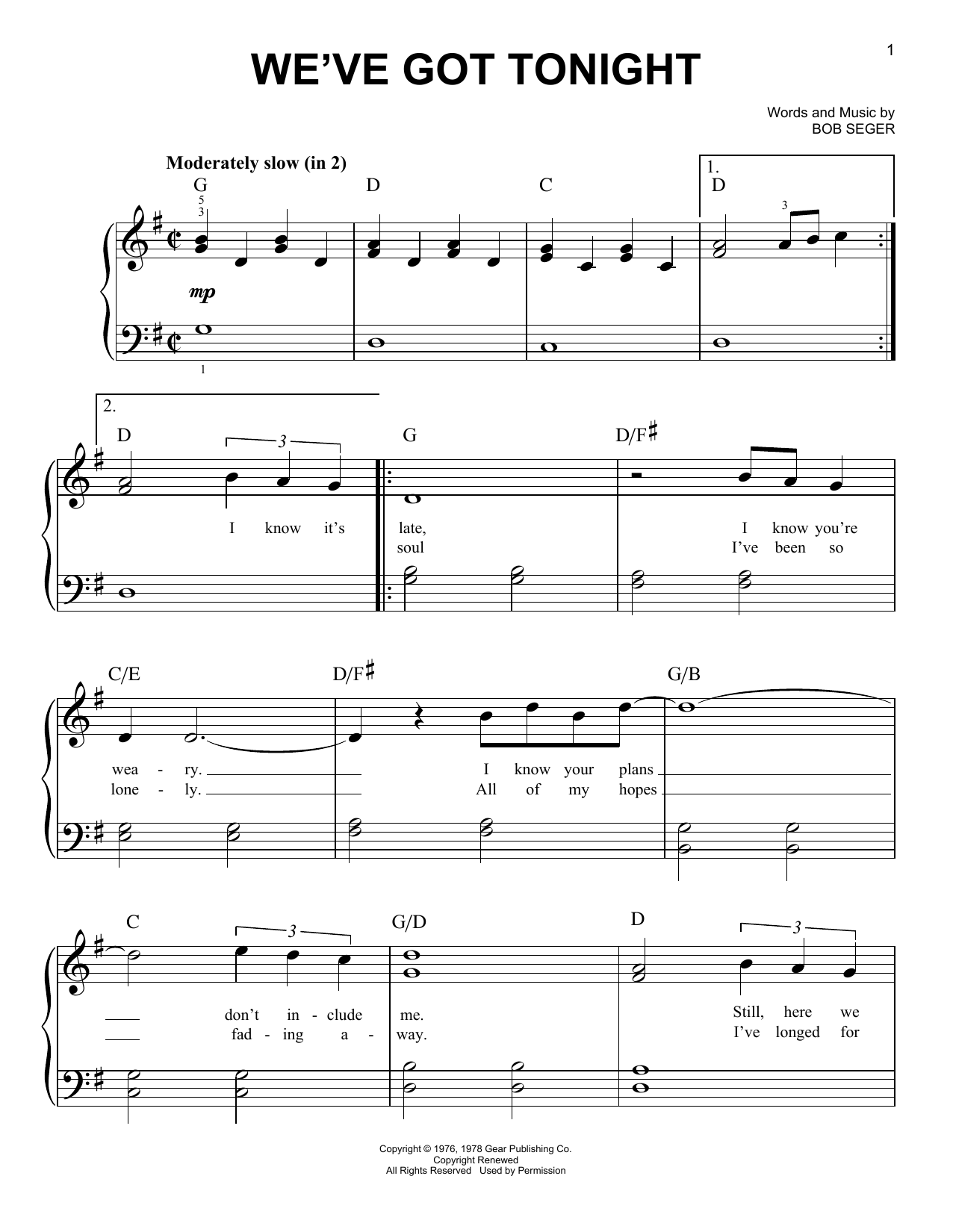 Bob Seger We've Got Tonight sheet music notes and chords. Download Printable PDF.