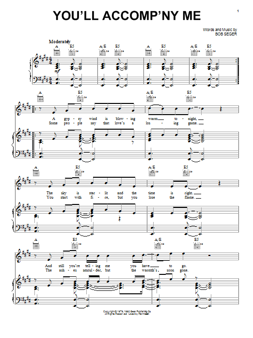 Bob Seger You'll Accomp'ny Me sheet music notes and chords. Download Printable PDF.