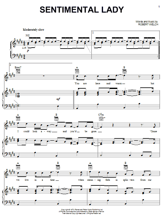 Bob Welch Sentimental Lady sheet music notes and chords. Download Printable PDF.