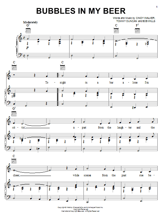 Learn to play Bob Wills Bubbles In My Beer sheet music for Piano, Vocal & Guitar Chords (Right-Hand Melody) in minutes. Price: 7.8900$ Bob Wills Bubbles In My Beer sheet music notes and chords arranged for Piano, Vocal & Guitar Chords (Right-Hand Melody)