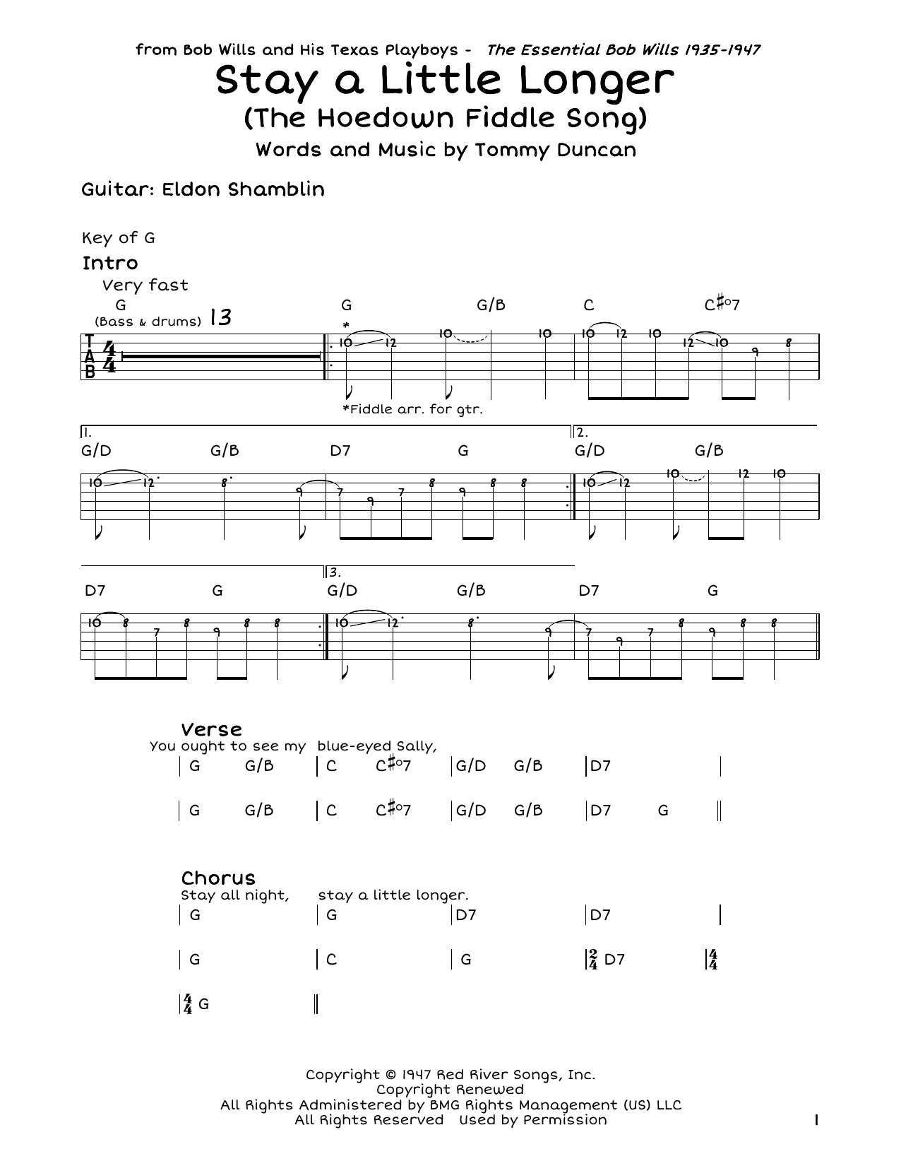 Bob Wills Stay A Little Longer (The Hoedown Fiddle Song) sheet music notes and chords. Download Printable PDF.