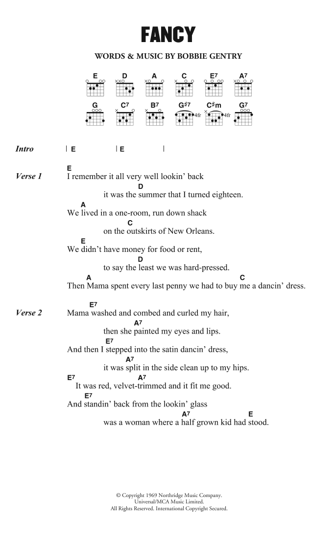 Bobbie Gentry Fancy sheet music notes and chords. Download Printable PDF.