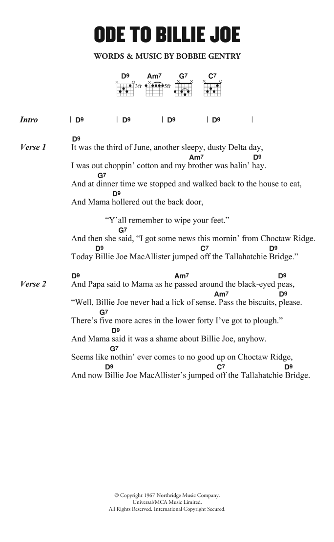 Bobbie Gentry Ode To Billie Joe sheet music notes and chords. Download Printable PDF.