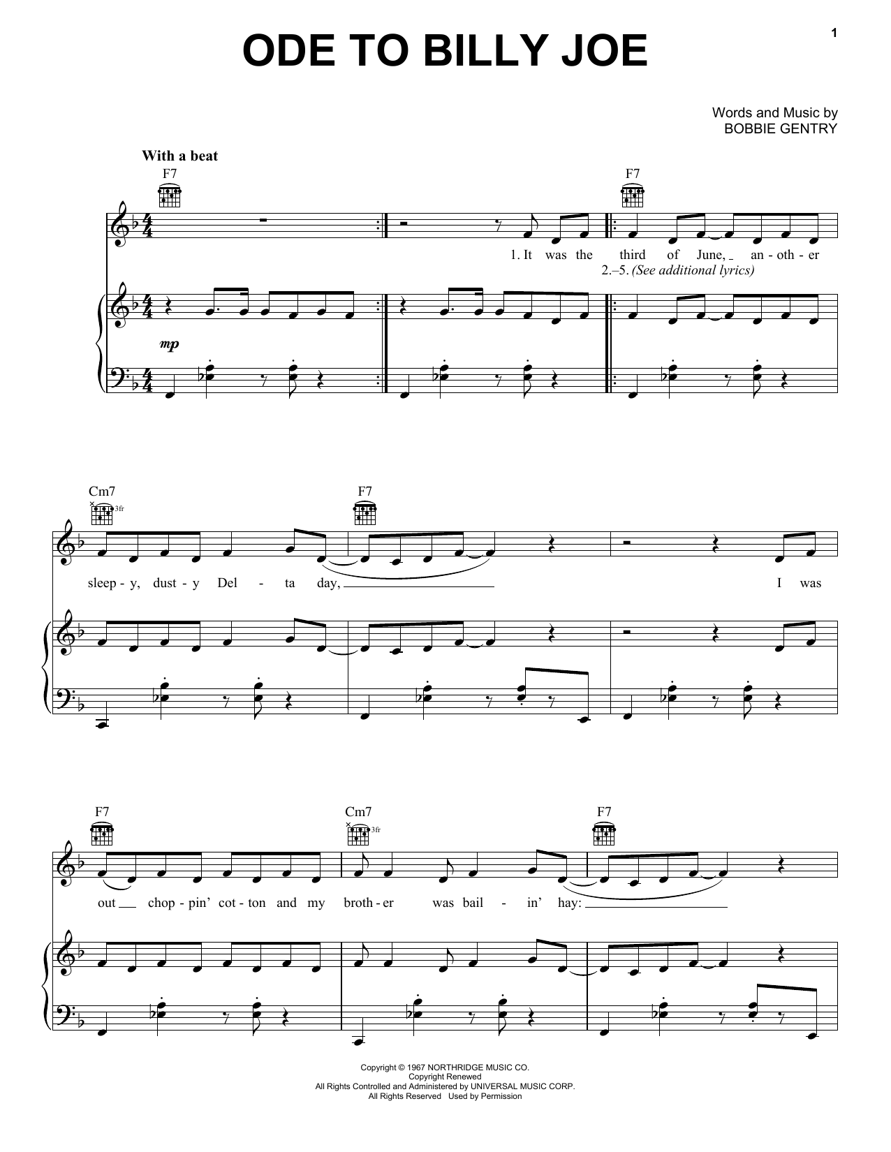 Bobbie Gentry Ode To Billy Joe sheet music notes and chords. Download Printable PDF.