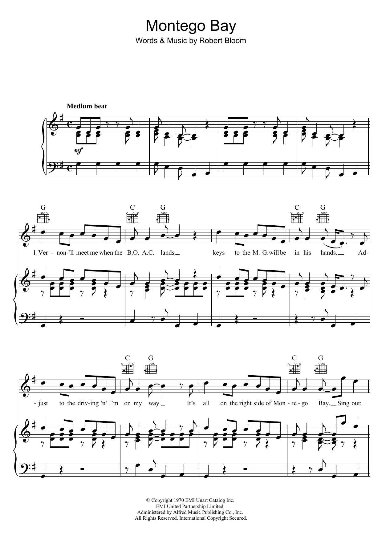 Learn to play Bobby Bloom Montego Bay sheet music for Piano, Vocal & Guitar Chords in minutes. Price: 7.8900$ Bobby Bloom Montego Bay sheet music notes and chords arranged for Piano, Vocal & Guitar Chords