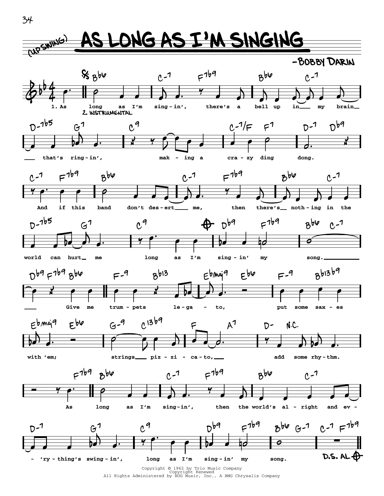 Bobby Darin As Long As I'm Singing (High Voice) sheet music notes and chords. Download Printable PDF.