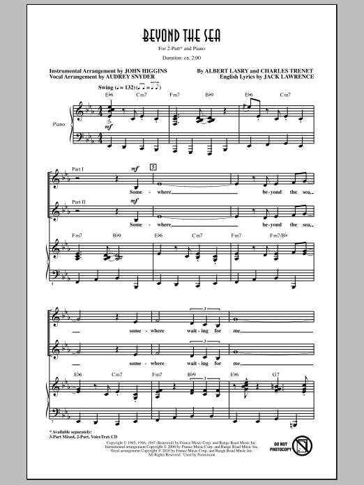 Audrey Snyder Beyond The Sea sheet music notes and chords arranged for 2-Part Choir