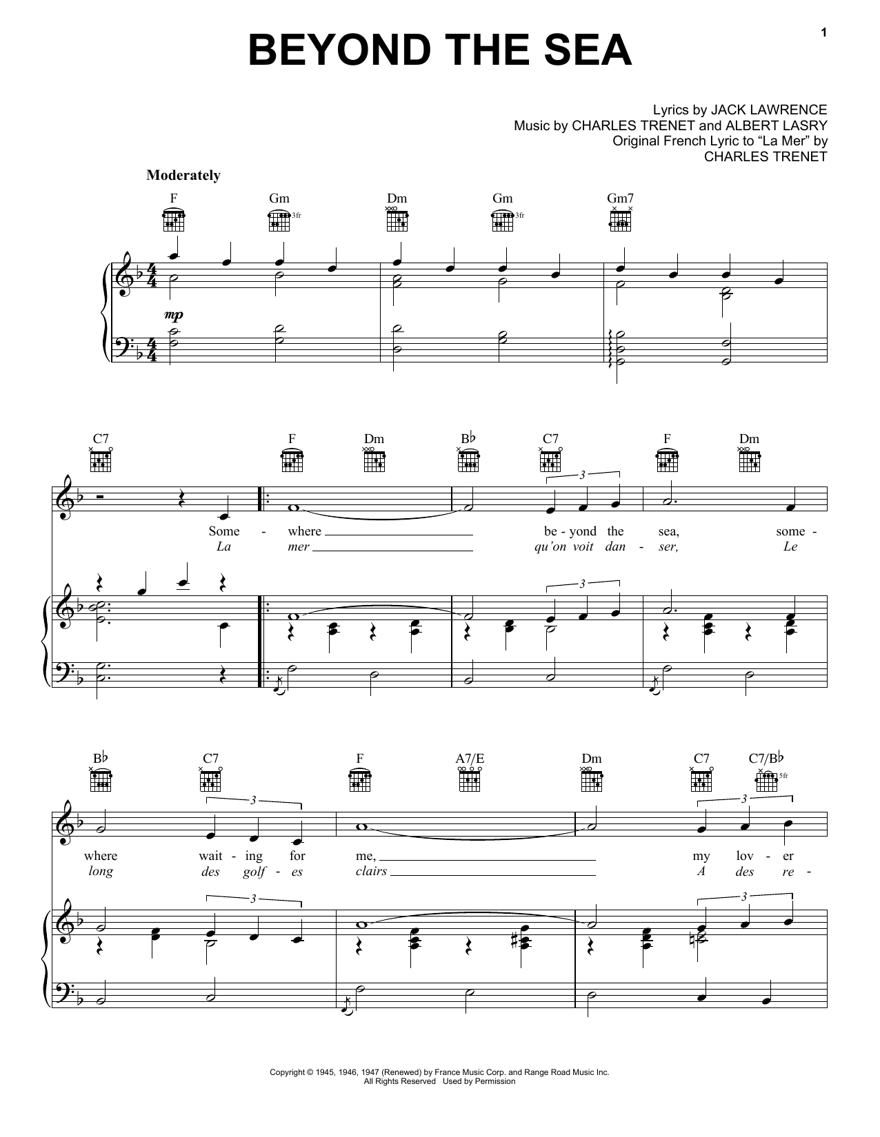 Bobby Darin Beyond The Sea sheet music notes and chords arranged for Real Book – Melody, Lyrics & Chords