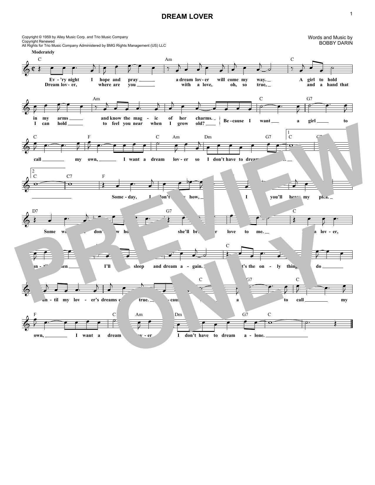 Bobby Darin Dream Lover sheet music notes and chords. Download Printable PDF.