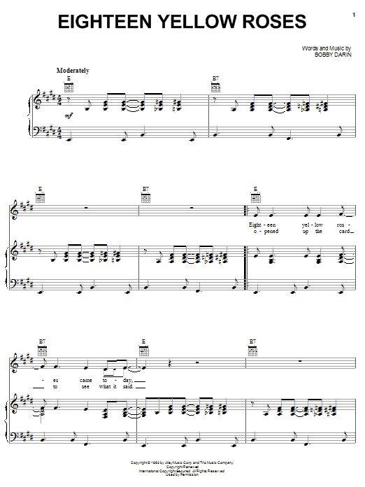 Learn to play Bobby Darin Eighteen Yellow Roses sheet music for Piano, Vocal & Guitar Chords in minutes. Price: 7.8900$ Bobby Darin Eighteen Yellow Roses sheet music notes and chords arranged for Piano, Vocal & Guitar Chords