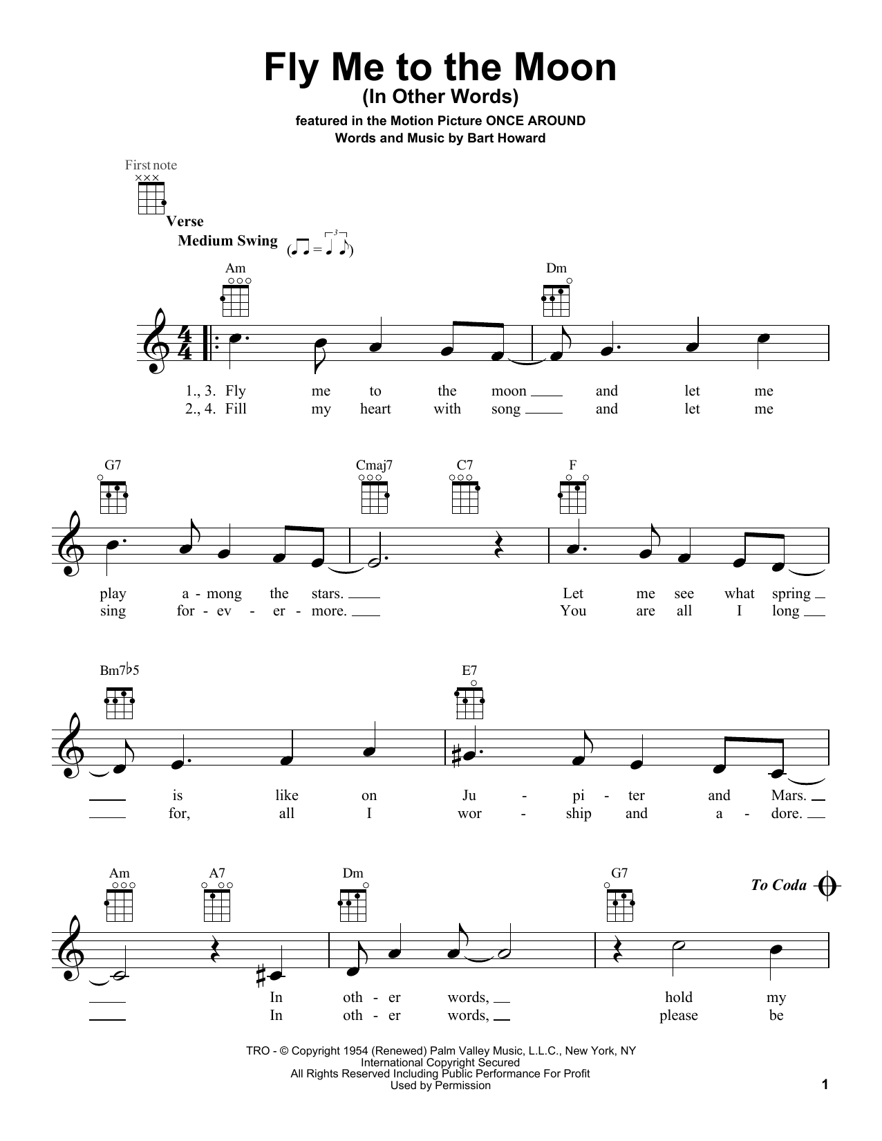 Bobby Darin Fly Me To The Moon (In Other Words) sheet music notes and chords arranged for Ukulele