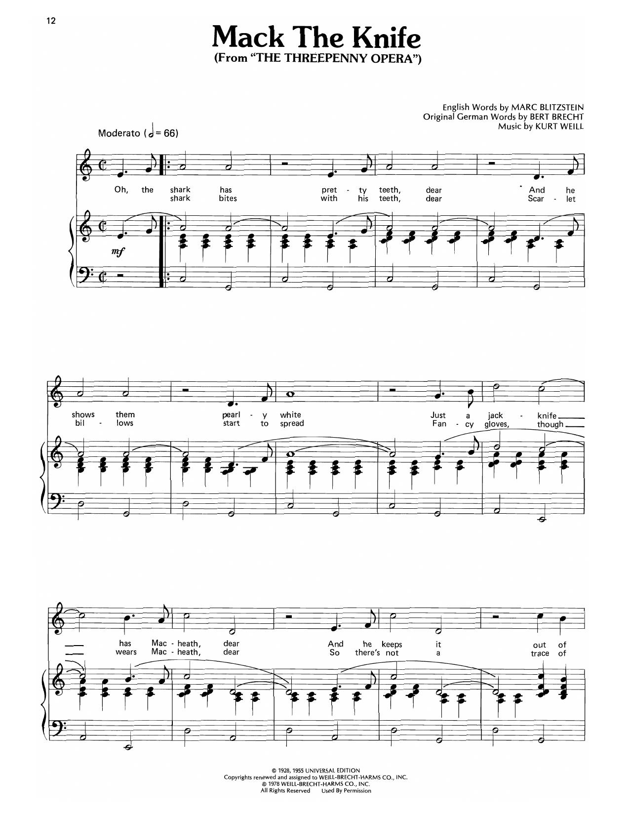 Learn to play Bobby Darin Mack The Knife (from The Threepenny Opera) sheet music for Piano, Vocal & Guitar Chords (Right-Hand Melody) in minutes. Price: 7.8900$ Bobby Darin Mack The Knife (from The Threepenny Opera) sheet music notes and chords arranged for Piano, Vocal & Guitar Chords (Right-Hand Melody)