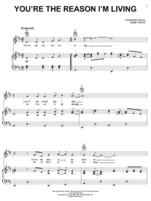 Learn to play Bobby Darin You're The Reason I'm Living sheet music for Piano, Vocal & Guitar Chords (Right-Hand Melody) in minutes. Price: 7.8900$ Bobby Darin You're The Reason I'm Living sheet music notes and chords arranged for Piano, Vocal & Guitar Chords (Right-Hand Melody)