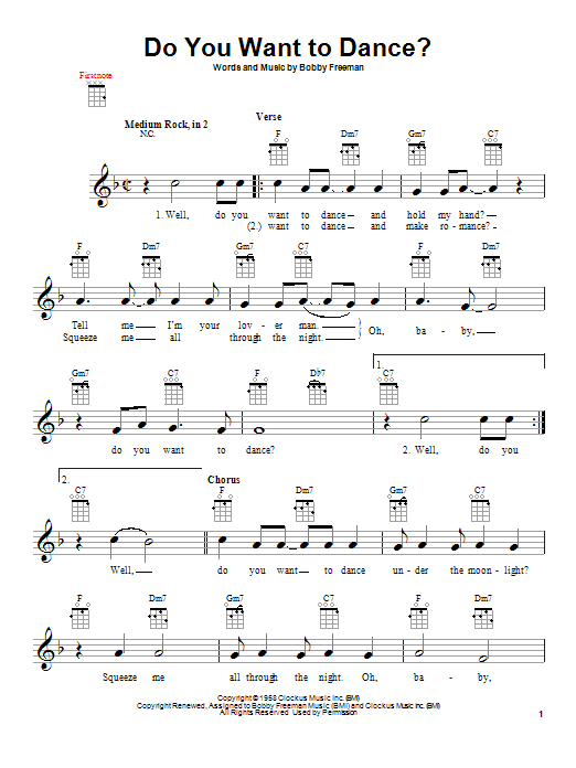 Learn to play Bobby Freeman Do You Want To Dance? sheet music for Ukulele in minutes. Price: 5.9900$ Bobby Freeman Do You Want To Dance? sheet music notes and chords arranged for Ukulele