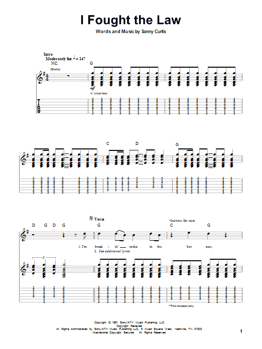 Bobby Fuller Four I Fought The Law sheet music notes and chords. Download Printable PDF.