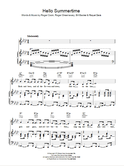 Bobby Goldsboro Hello Summertime sheet music notes and chords arranged for Piano, Vocal & Guitar Chords