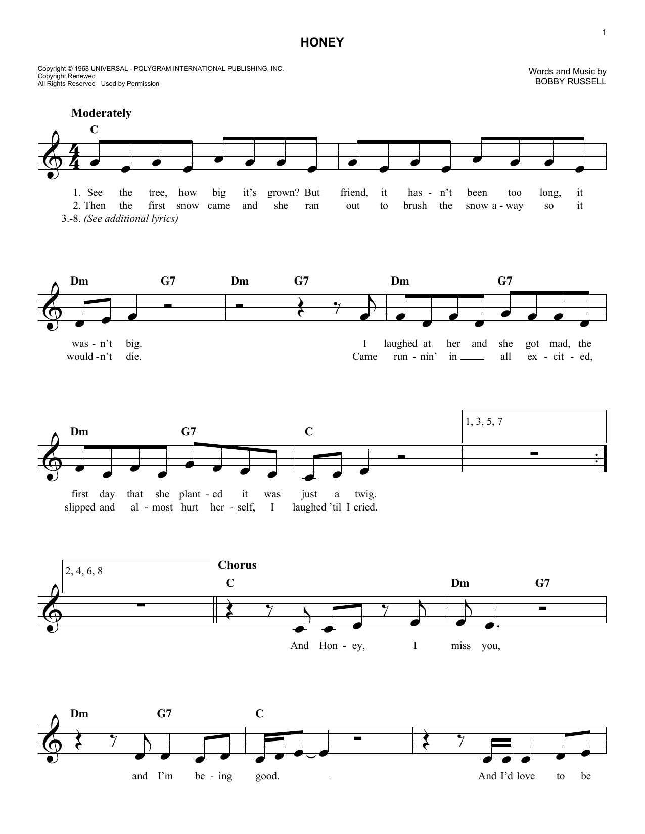 Bobby Goldsboro Honey sheet music notes and chords arranged for Piano, Vocal & Guitar Chords