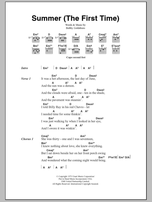 Bobby Goldsboro Summer (The First Time) sheet music notes and chords arranged for Guitar Chords/Lyrics