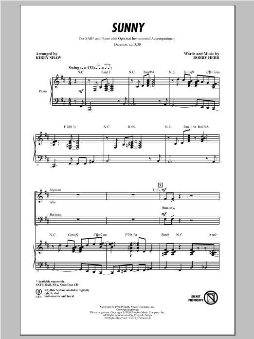 Bobby Hebb Sunny (arr. Kirby Shaw) sheet music notes and chords. Download Printable PDF.