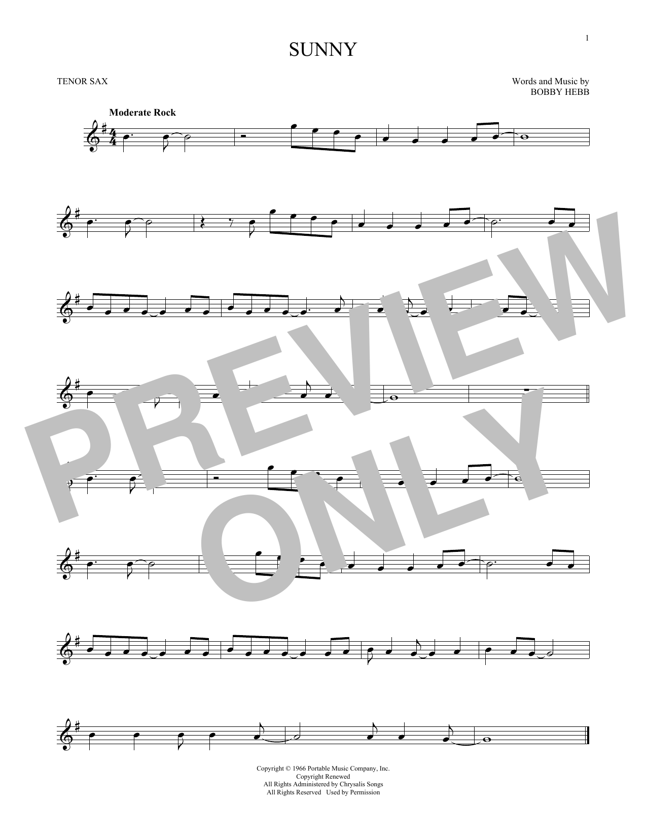 Bobby Hebb Sunny sheet music notes and chords. Download Printable PDF.