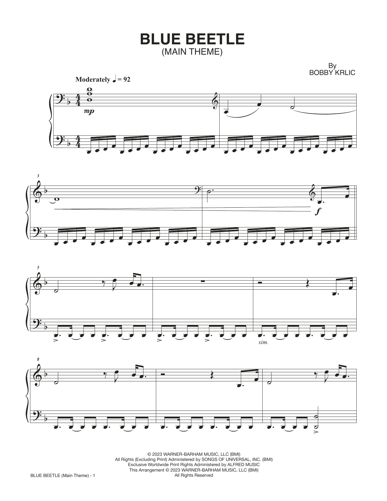 Learn to play Bobby Krlic Blue Beetle (Main Theme) sheet music for Piano Solo in minutes. Price: 7.8900$ Bobby Krlic Blue Beetle (Main Theme) sheet music notes and chords arranged for Piano Solo