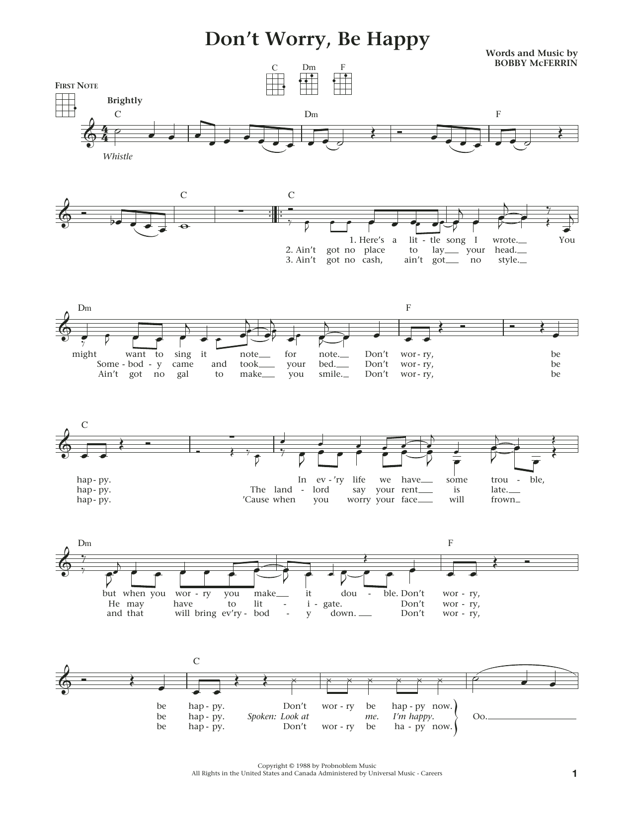 Learn to play Bobby McFerrin Don't Worry, Be Happy (from The Daily Ukulele) (arr. Liz and Jim Beloff) sheet music for Ukulele in minutes. Price: 5.9900$ Bobby McFerrin Don't Worry, Be Happy (from The Daily Ukulele) (arr. Liz and Jim Beloff) sheet music notes and chords arranged for Ukulele