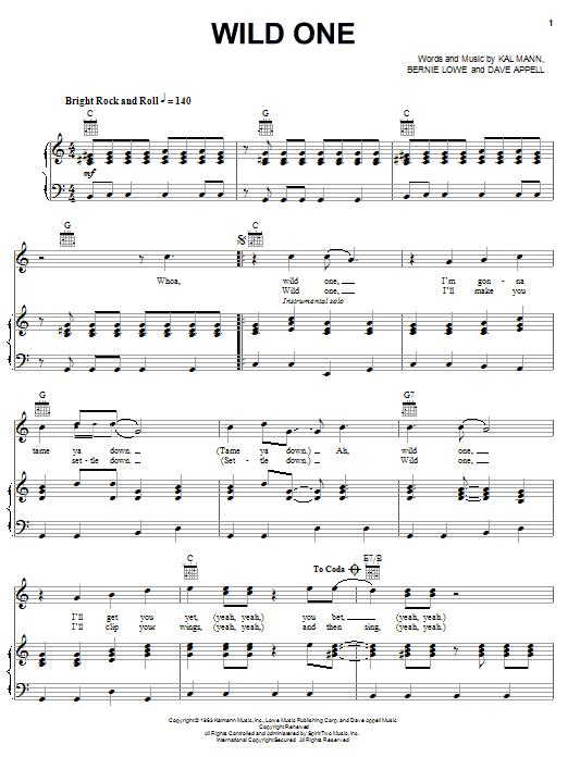 Learn to play Bobby Rydell Wild One sheet music for Piano, Vocal & Guitar Chords (Right-Hand Melody) in minutes. Price: 7.8900$ Bobby Rydell Wild One sheet music notes and chords arranged for Piano, Vocal & Guitar Chords (Right-Hand Melody)