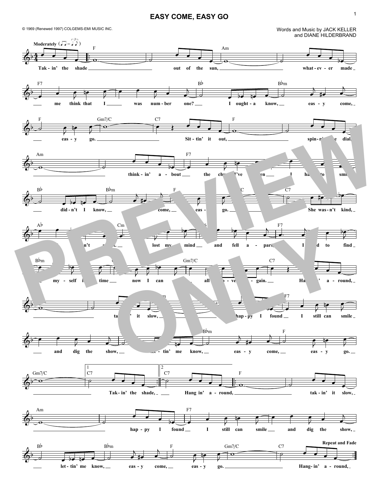 Learn to play Bobby Sherman Easy Come, Easy Go sheet music for Lead Sheet / Fake Book in minutes. Price: 5.9900$ Bobby Sherman Easy Come, Easy Go sheet music notes and chords arranged for Lead Sheet / Fake Book