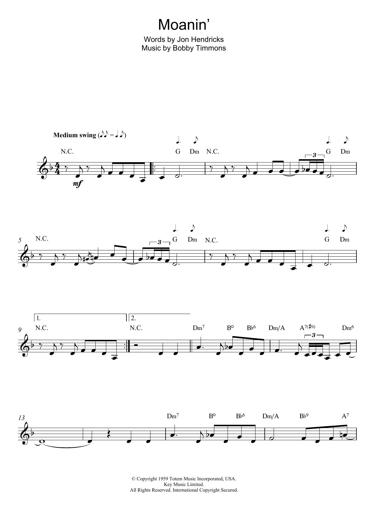 Bobby Timmons Moanin' sheet music notes and chords. Download Printable PDF.