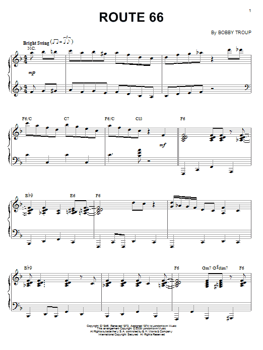 Learn to play Bobby Troup Route 66 (arr. Brent Edstrom) sheet music for Piano Solo in minutes. Price: 7.8900$ Bobby Troup Route 66 (arr. Brent Edstrom) sheet music notes and chords arranged for Piano Solo
