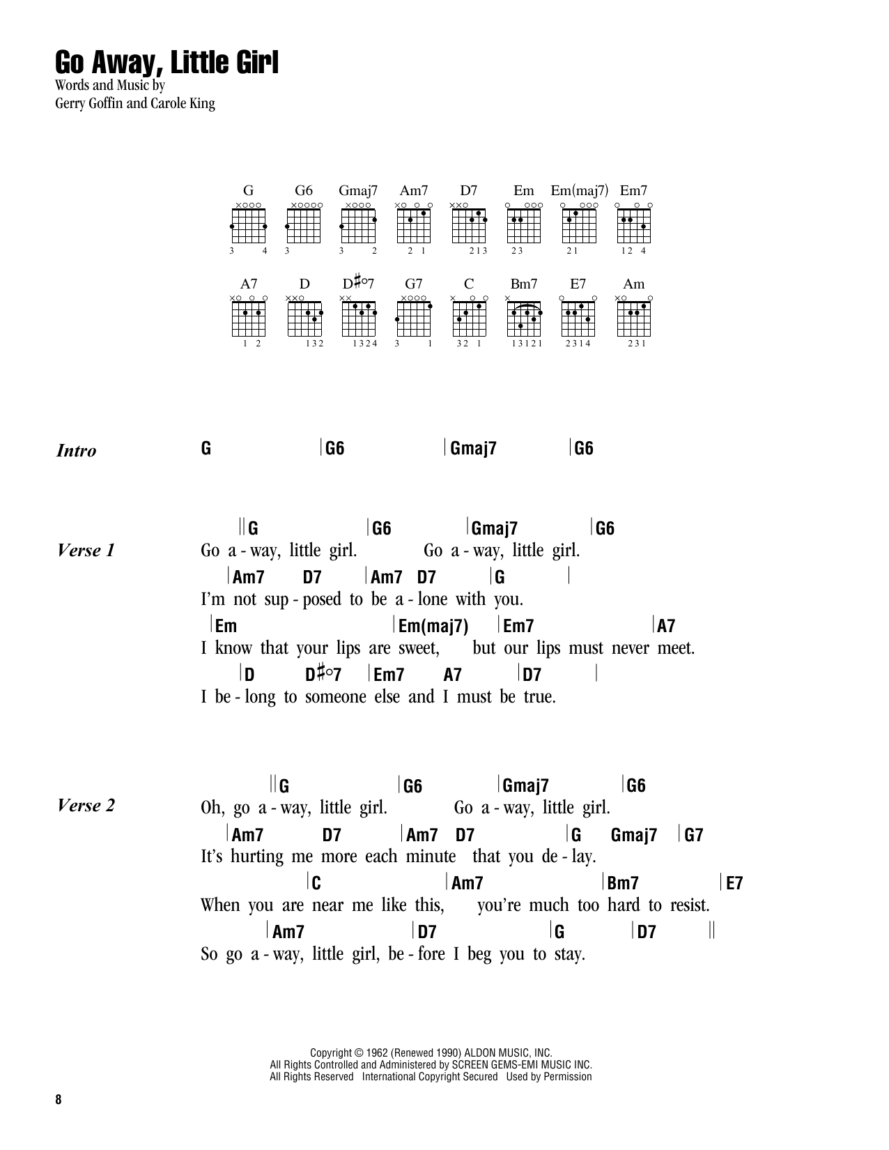 Carole King Go Away, Little Girl sheet music notes and chords. Download Printable PDF.