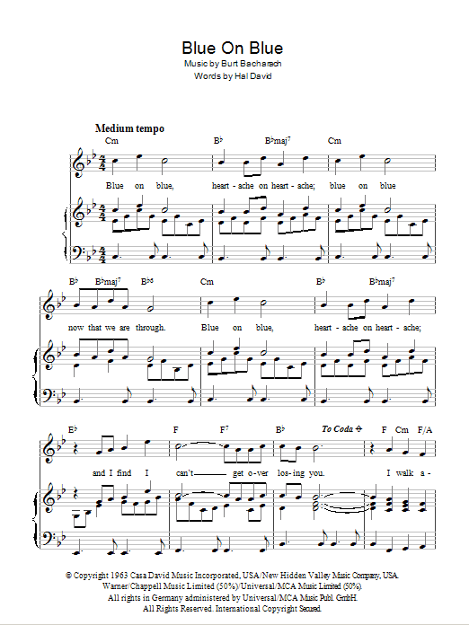 Learn to play Bobby Vinton Blue On Blue sheet music for Piano, Vocal & Guitar Chords in minutes. Price: 7.8900$ Bobby Vinton Blue On Blue sheet music notes and chords arranged for Piano, Vocal & Guitar Chords